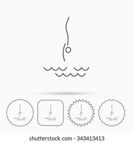 Diving icon. Jumping into water sign. Professional swimming sport symbol. Linear circle, square and star buttons with icons.