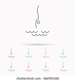 Diving icon. Jumping into water sign. Professional swimming sport symbol. Linear icons on white background.