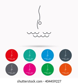 Diving icon. Jumping into water sign. Professional swimming sport symbol. Linear icons in circles on white background.