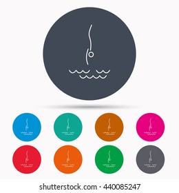 Diving icon. Jumping into water sign. Professional swimming sport symbol. Icons in colour circle buttons. Vector