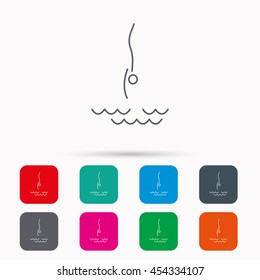 Diving icon. Jumping into water sign. Professional swimming sport symbol. Linear icons in squares on white background. Flat web symbols. Vector