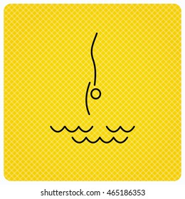 Diving icon. Jumping into water sign. Professional swimming sport symbol. Linear icon on orange background. Vector