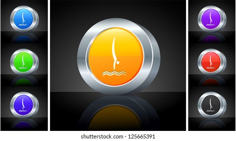 Diving Icon on 3D Button with Metallic Rim Original Illustration