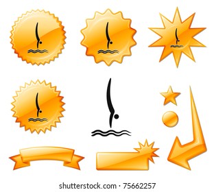 Icono de buceo en carteles de ráfagas de naranja y medallas Ilustración vectorial original
