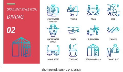 Diving icon pack gradient style. Icons for diving,under water photos,fishing,crab,map,underwater watch,shark,surfboard,canoes,sun glasses,coconut,beach umbrella, diving suit.