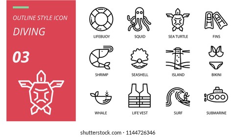 Diving icon pack outline style. Icons for diving,lifebuoy,squid,sea turtle,fins,shrimp,seashell,island,bikini,whale,life vest,surf,submarine.