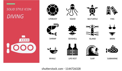 Diving icon pack solid style. Icons for diving,lifebuoy,squid,sea turtle,fins,shrimp,seashell,island,bikini,whale,life vest,surf,submarine.