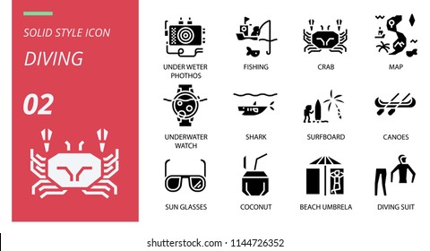 Diving icon pack solid style. Icons for diving,under water photos,fishing,crab,map,underwater watch,shark,surfboard,canoes,sun glasses,coconut,beach umbrela, diving suit.