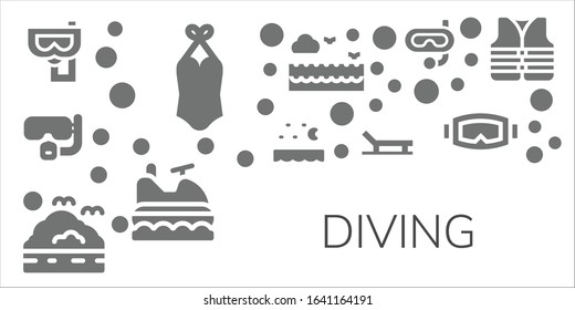 diving icon set. 11 filled diving icons.  Simple modern icons such as: Snorkel, Swimsuit, Dive, Sea, Beach, Jet ski, Diving mask, Lifejacket