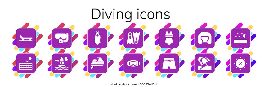 diving icon set. 14 filled diving icons.  Simple modern icons such as: Beach, Sea, Dive, Ocean, Swimsuit, Jet ski, Diving mask, Boxing helmet, Vacation, Summer