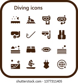 diving icon set. 16 filled diving icons.  Simple modern icons about  - Sea, Jet ski, Snorkel, Dive, Diving mask, Lifejacket, Swimsuit, Beach, Windsurf, Travel