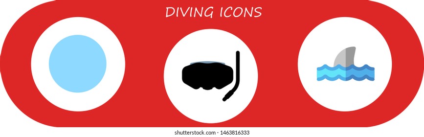 diving icon set. 3 flat diving icons.  Collection Of - beach, snorkel, shark
