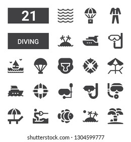 diving icon set. Collection of 21 filled diving icons included Island, Clown fish, Water ski, Beach, Scuba diving, Dive, mask, Lifeguard, Yacht, Boxing helmet, Parachute