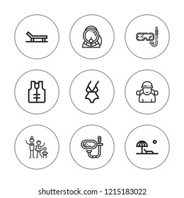 Diving icon set. collection of 9 outline diving icons with aqualung, beach, lifejacket, snorkel, swimsuit, traveler icons. editable icons.