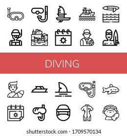 diving icon set. Collection of Snorkel, Dive, Diving glasses, Floating market, Windsurf, Summer, Yacht, Lifeguard, Surf, Surfer, Shark, Hockey helmet, Neoprene icons