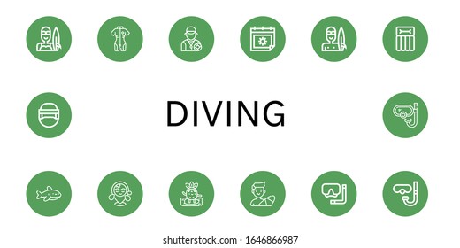 diving icon set. Collection of Surfer, Neoprene, Lifeguard, Summer, Airbed, Shark, Beach, Surfing, Diving mask, Diving glasses, Hockey helmet, Snorkel icons