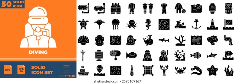 Diving icon set. Containing  scuba, snorkeling, wetsuit,and more. Solid vector icons collection.