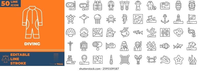 Diving icon set. Containing  scuba, snorkeling, wetsuit,and more. line vector icons collection.