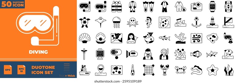 Diving icon set. Containing  scuba, snorkeling, wetsuit,and more. Duotone vector icons collection.