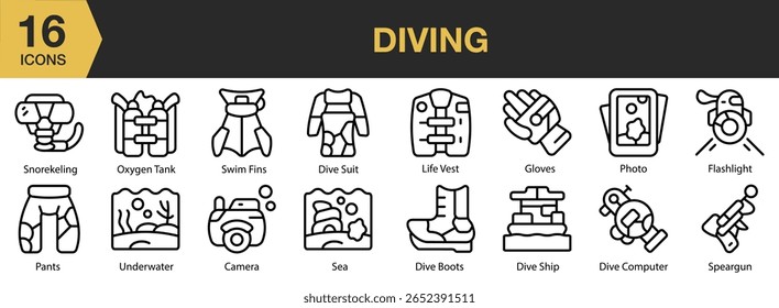 Diving icon set. Editable Stroke Icon Collection. Includes water, underwater, diver, ocean, sport, and More. Outline icons vector collection.
