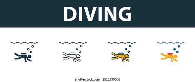 Diving icon set. Four elements in diferent styles from tourism icons collection. Creative diving icons filled, outline, colored and flat symbols.