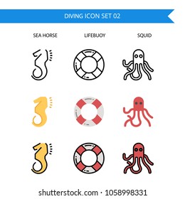 Diving Icon Set.Sea horse,Life buoy,Squid.