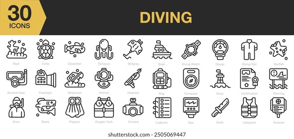 Symbol-Set für Tauchgänge. Umfasst Riff, Taucher, Flossen, Harpune, Taucheranzug und mehr. Gliederungssymbole, Vektorsammlung.