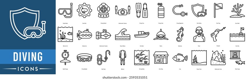 Diving icon set. Scuba Mask, Dive Skill, Diving Helmet, Underwater Camera and Diving Fins