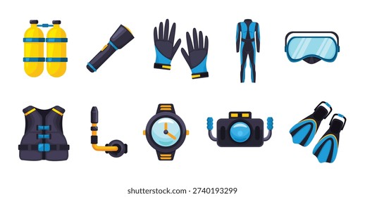 Diving icon set, snorkeling and diving gear icons, diving equipment vector collection