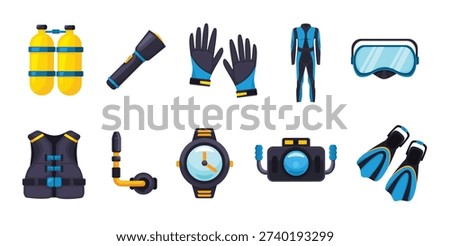 Diving icon set, snorkeling and diving gear icons, diving equipment vector collection