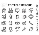 Diving icon set. Thin line vector. Contains icons such as oxygen cylinder, swimming goggles, swimsuit and many more.