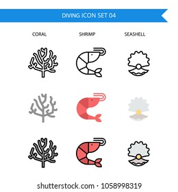 Diving Icon Set.Coral, Shrimp,Sea shell.