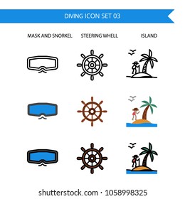 Diving Icon Set.Mask and Snorkel,Steering Whell,Island.