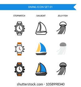 Diving Icon Set.Stopwatch,Sailboat,Jelly fish.