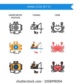 Diving Icon Set.Under water camera.sailing boat,fishing,Crab.