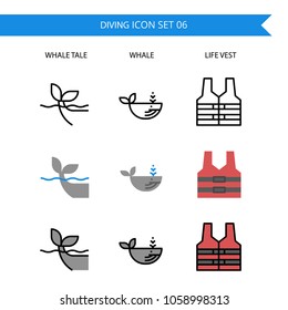 Diving Icon Set.Whale tail,Whal,Life vest.