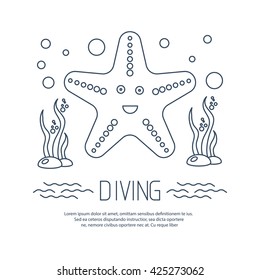 Diving icon with starfish and seaweed