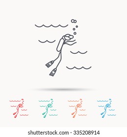 Diving icon. Swimming underwater with tube sign. Scuba diving symbol. Linear icons on white background.