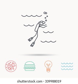 Diving icon. Swimming underwater with tube sign. Scuba diving symbol. Global connect network, ocean wave and burger icons. Lightbulb lamp symbol.