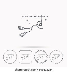 Diving icon. Swimming underwater with tube sign. Scuba diving symbol. Linear circle, square and star buttons with icons.