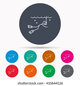 Diving icon. Swimming underwater with tube sign. Scuba diving symbol. Icons in colour circle buttons. Vector