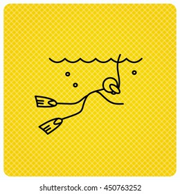 Diving icon. Swimming underwater with tube sign. Scuba diving symbol. Linear icon on orange background. Vector