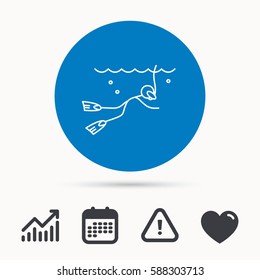 Diving icon. Swimming underwater with tube sign. Scuba diving symbol. Calendar, attention sign and growth chart. Button with web icon. Vector