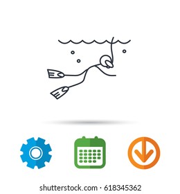 Diving icon. Swimming underwater with tube sign. Scuba diving symbol. Calendar, cogwheel and download arrow signs. Colored flat web icons. Vector