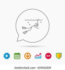 Diving icon. Swimming underwater with tube sign. Scuba diving symbol. Calendar, Graph chart and Cogwheel signs. Download and Shield web icons. Vector