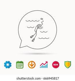 Diving icon. Swimming underwater with tube sign. Scuba diving symbol. Calendar, Graph chart and Cogwheel signs. Download and Shield web icons. Vector