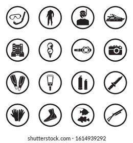 Diving Icons. Black Flat Design In Circle. Vector Illustration.