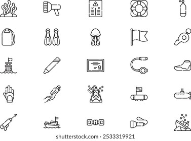 A coleção de ícones de mergulho é uma ilustração vetorial com traçado editável.