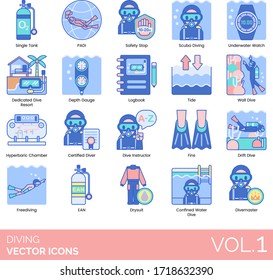 Diving icons including single tank, PADI, safety shop, scuba, underwater watch, dedicated resort, depth gauge, logbook, tide, wall, hyperbaric chamber, certified diver, instructor, fins, drift, EAN.