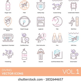 Diving icons including single tank, PADI, safety stop, dedicated resort, depth gauge, logbook, tide, wall, hyperbaric chamber, certified diver, instructor, fins, drift, freediving, EAN, divemaster. svg